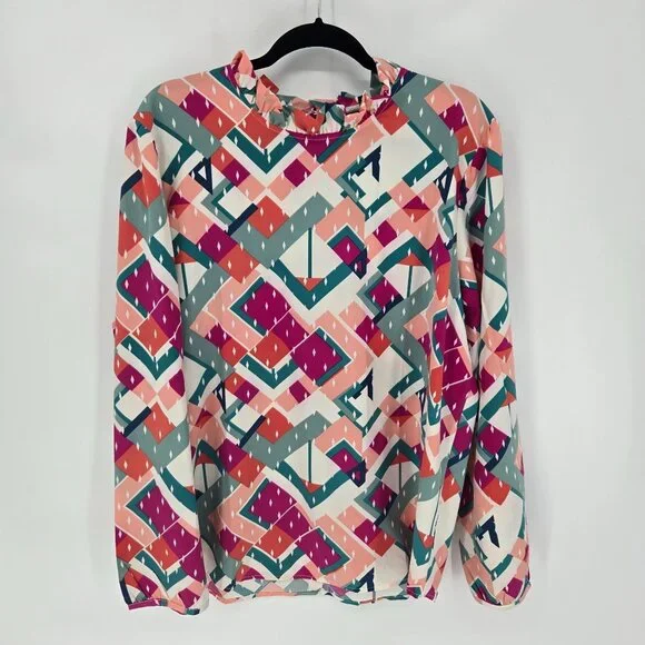 Michelle Mcdowell size XXL multicolor geometric long sleeve blouse pleated neck - Picture 8 of 8